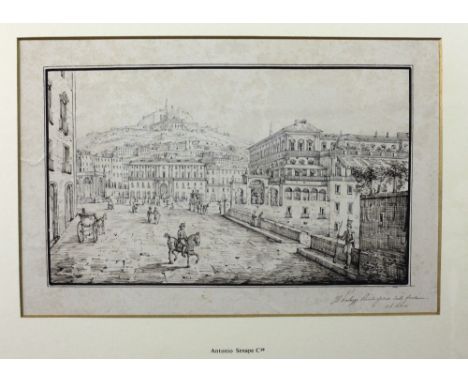 Antonio Senape (Italian) 1788 - 1850"Il Palaggo Meale Preso Delda Fontana, del Sebto, Naples," pen and ink, a finely detailed