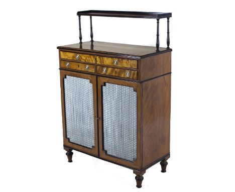 A desirable George III period satinwood and ebony Side Cabinet, with shelf top over turned ebony pillars, on a rectangular to