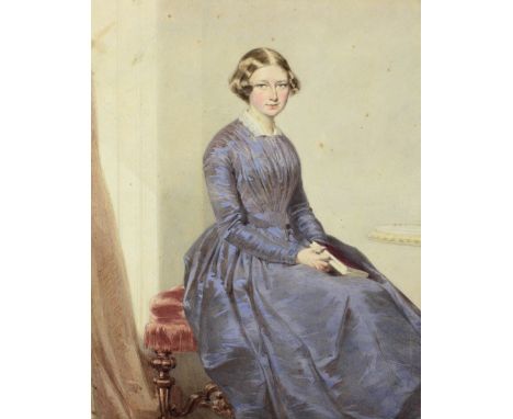 19th Century Italian SchoolWatercolour, "Portrait of an Elegant Young Lady seated by a Table with book in hand,"  approx. 36c