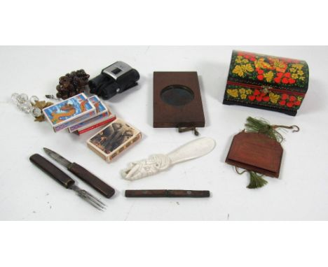 Box: Varied items, playing cards, binoculars,leather dog leads, old coins, decorated box, etc., etc., and a Victorian stained