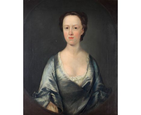 18th Century English School - Robert Hunter?Half length, "Portrait of Frances Cox, wife of Robert Fennell, in a low cut blue 