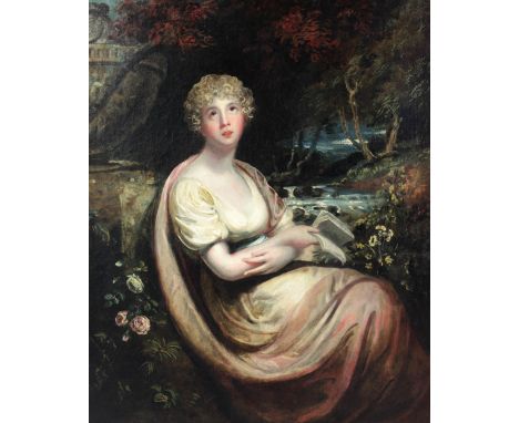 Circle of William Hamilton R.A.  English (1751 - 1801)"Portrait of an Elegant Lady," seated amidst flowers, with book in hand