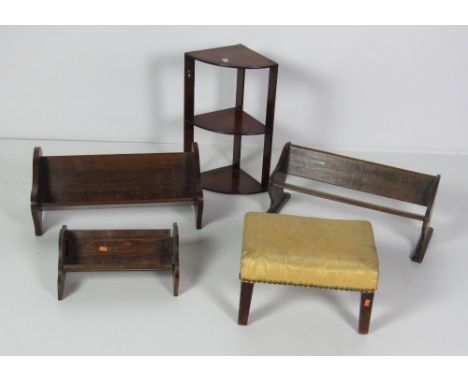 A small elegant 19th Century three shelf mahogany Corner Bracket, three oak Table Book stands, one telescopic, and a small Fo