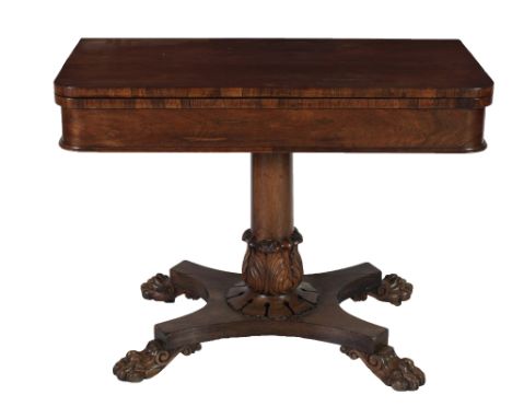 A fine quality William IV rosewood fold-over Card Table, with cylindrical pillar support terminating with carved decoration, 