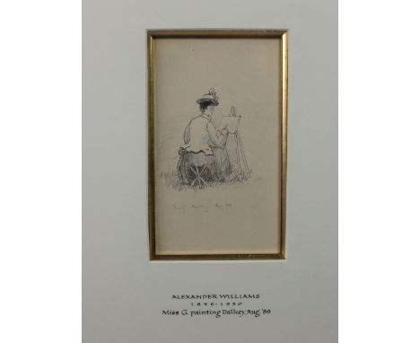 Alexander Williams RHA (1846 - 1930)"Miss G. Painting at Dalkey," pen and ink sketch depicting a young lady wearing a hat sit