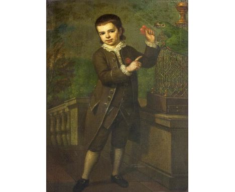 Attributed to James Latham (c. 1696 - 1747)"Portrait of a Young Boy feeding a Macaw Parrot," O.O.C., depicting a boy in forma