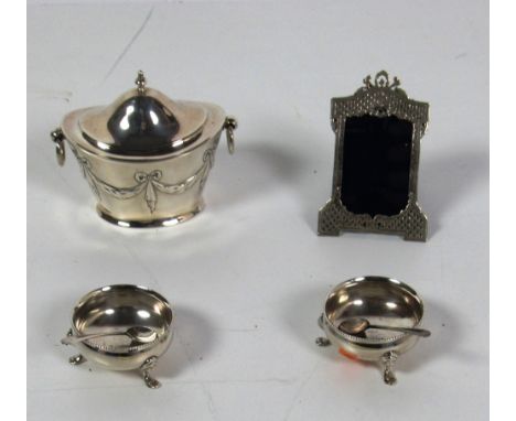 An attractive small English silver Tea Caddy, decorated in the Adams style two ring handles, Birmingham c. 1901; two small Bi