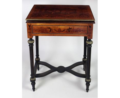 A very attractive French fold-over satinwood and marquetry Card or Writing Table, the rectangular top with brass edge, inlaid