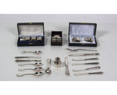 A modern Sheffield silver Marrow Scoop, c. 1972; six silver Napkin Rings, cased, two plated ditto, cased, 5 antique silver Te