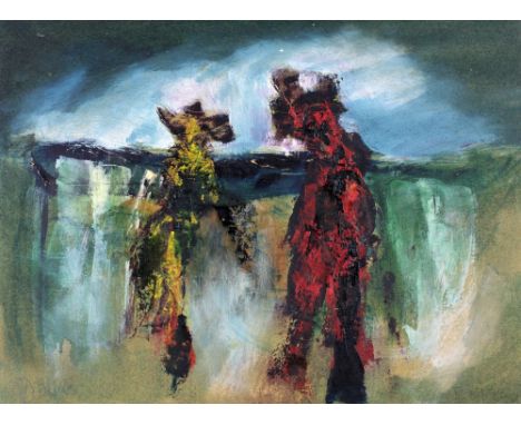Gerard Davis, Irish (1938 - 2005)"Abstract Landscape with two Figures", mixed media on board, approx. 30cms x 39cms (11 3/4" 