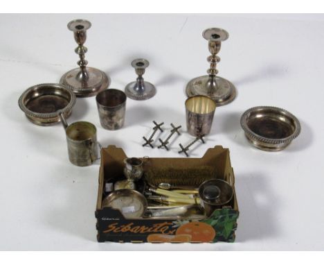 Box: Silver & Plateware - a small silver mounted tortoiseshell Table Clock, a silver Sugar Tongs, a small silver Jug, a small