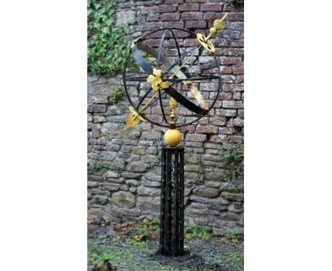 An important 18th Century Armillary Spherical Sundial, with decorative finials and painted saffron yellow and charcoal black 