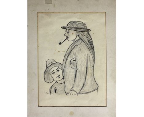Attributed to L.S. LowryPencil Sketch: "The Pipe Girl," two young girls, one smoking a pipe, pencil sketch, bears initials L.