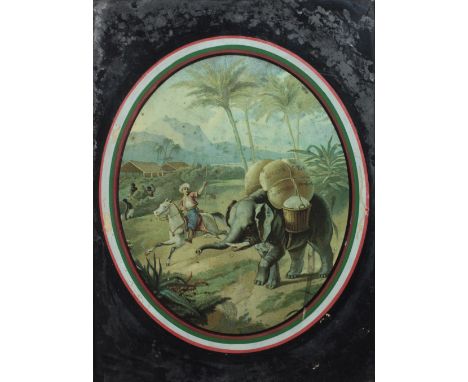 A rare coloured oval Print on glass depicting a Man on horseback directing an elephant with load on back, inscribed "C.P.C. N