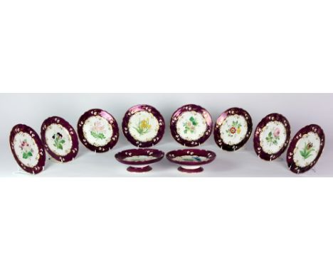 A very attractive hand painted early English porcelain Botanical Dessert Service, consisting of two comports and eight plates