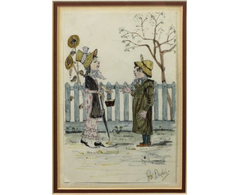 R. Dadd - 20th Century English School"Good Day Madam," pen and watercolour, depicting two young children in a garden playing 