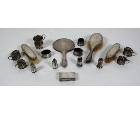 Silverware: A collection of varied Silver Condiments, including salt and peppers,mustard pots,some pairs, snuff box, cup, dre