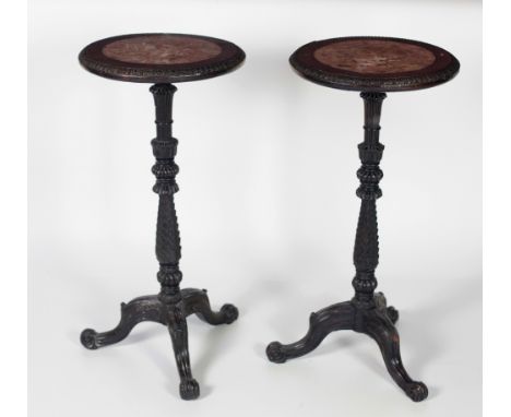 A good pair of 19th Century Anglo Indian rosewood Occasional Tables or Jardiniere Stands, each circular moulded top with a ma