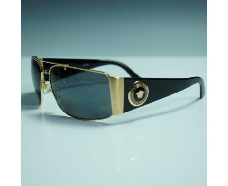 Versace men's sunglasses, model 2163, featuring a bold black and gold frame with the signature Medusa emblem on both temples.
