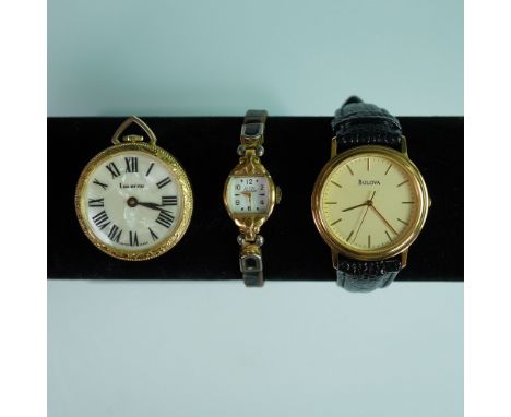 A charming trio of vintage timepieces featuring a mix of classic wrist and pocket watches. This set includes a Bulova quartz 