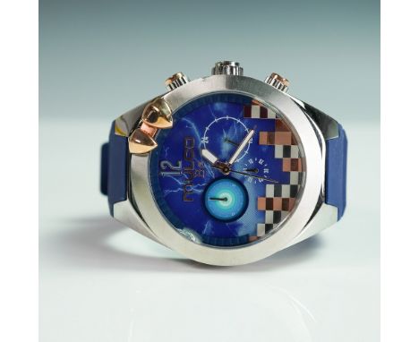 MULCO BE Confident chronograph wristwatch featuring a vibrant electric blue dial with pixelated block motif and subdials, enc