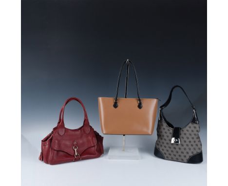 Includes 3 leather designer shoulder bags: 1 Cole Haan burgundy bag, features front pocket secured with a gold clasp, a zippe