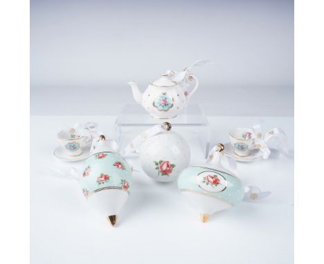 Royal Albert 6-piece porcelain ornament set featuring miniature tea-themed decorations and baubles. The set includes a teapot