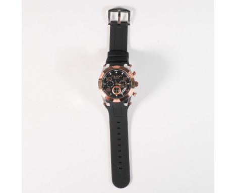 Striking Mulco Kripton Viper chronograph wristwatch, model MW5-5249-023, featuring a bold black dial with rose gold-tone stai