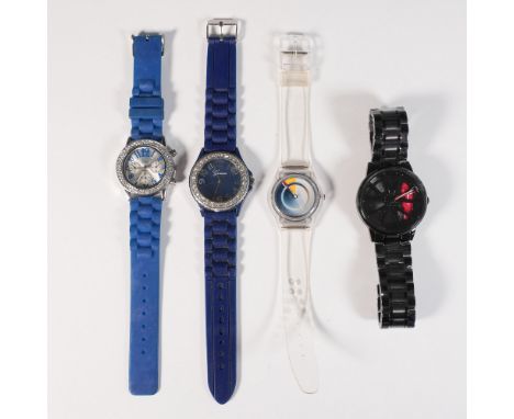 Assorted lot of four quartz wristwatches featuring a mix of fashion and collectible designs. Includes a black stainless steel
