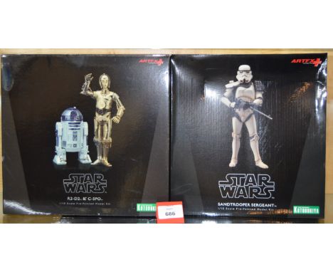 Two Kotobukiya Star Wars 1:10 Scale Pre-painted Model Kits: Sandtrooper Sergeant; R2-D2 and C-3PO. Both boxed. (2)