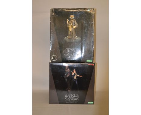 Two Kotobukiya Star Wars Pre-painted Model Kits: 1:7 scale Zuckuss; 1:10 Scale A New Hope Han Solo & Chewbacca. Both boxed. (