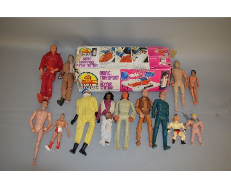 Good quantity of assorted action figures: two Mintex figures, one missing leg; Kenner Six Million Dollar Man; three Marx John