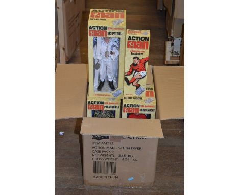 Seven Hasbro Action Man 50th Anniversary figures: Action Soldier; Footballer; British Infantryman; Scuba Diver; Bobby Moore; 