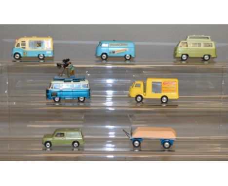 Seven unboxed Corgi Toys diecast models, Karrier Bantam 'Lucozade', Austin Mini-Van, Platform Trailer, VW 'Toblerone', Ford T