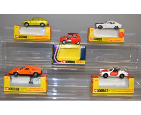 Five boxed Corgi Toys diecast model cars, 283, 303 Roger Clark's  3l V6 Ford Capri, 306, 388 and 509 Porsche Targa Police Car