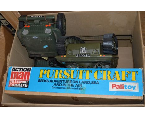 A boxed Palitoy Action Man Pursuit Craft together with a selection of unboxed vehicles etc.