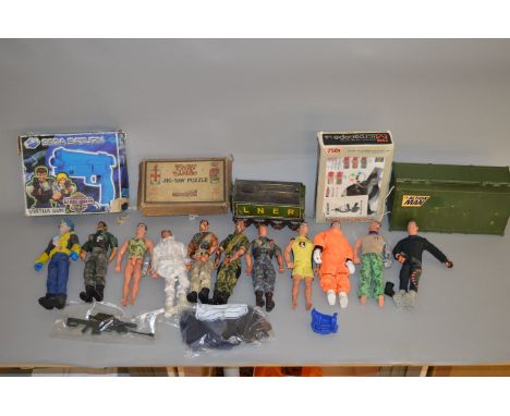 Mixed lot of assorted toys, includes: Chad Valley GWR jigsaw puzzle; modern action figures; Microscope; McDonalds toys; etc.