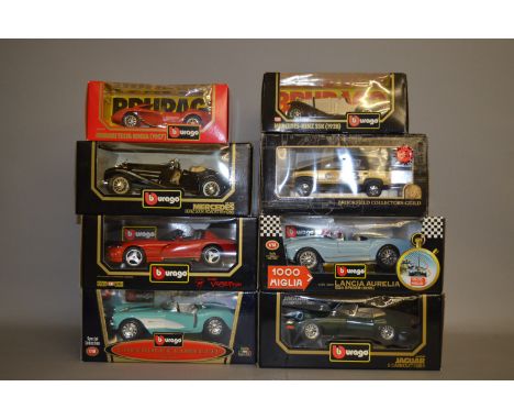 Eight 1:18 and 1:24 scale diecast models, mostly Bburago. Boxed and appear VG. (8)