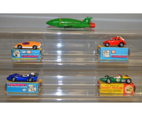 A mixed group of diecast models including three boxed Matchbox Superfast, 31, 61, 66, a boxed Dinky Toys 243 BRM and an unbox