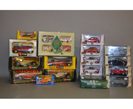 A good quantity of boxed diecast models, in various scales, including Bburago Fiat 500 models in 1:32 scale. Contained in thr