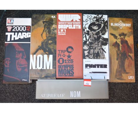 Six 3A figures: World War Robot DCR01 Dropcloth; NOM Fourth Anniversary; 2000AD 2KAD1 Tharg; Supreme NOM; World War Robot Pun