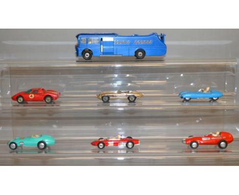 Seven unboxed Corgi Toys, an 'Ecurie Ecosse' Racing Car Transporter, 150S Lotus, 152S BRM, 154  Ferrari,, Lotus Le Mans, Ferr