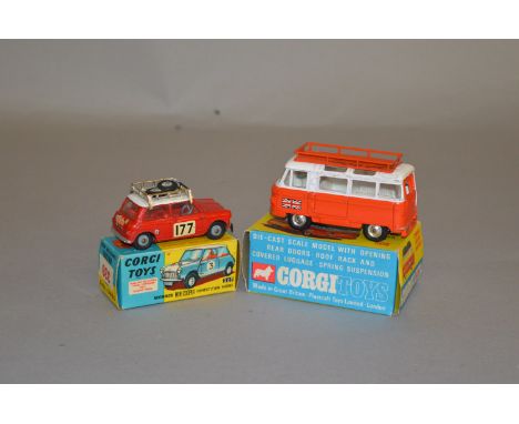 Two boxed Corgi Toys, 339 Mini Cooper Competition Model, G+, in 227 box with '339' labels to both ends and '1967 Monte Carlo 