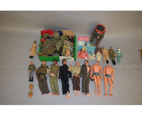 Six Palitoy Action Man figures with a quantity of clothes and accessories, P-F. Together with five Lion Rock action figures a