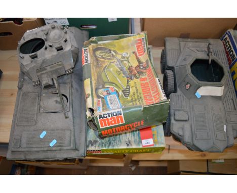 Palitoy Action Man, boxed items and accessories: Horse with Saddle; Searchlight; Special Operations Tent; Machine Gun Emplace