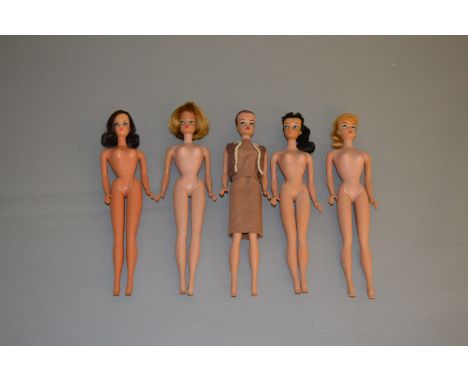 Five Mattel Barbie dolls: two Ponytail Barbies, one blonde, one brunette; Fashion Queen Barbie; American Girl Barbie; Twist n
