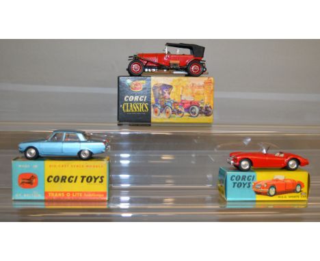 Three boxed Corgi Toys diecast model cars, 302 MGA Sports Car in red, G+ in G blue and yellow box, 252 Rover 2000, G in F/G b