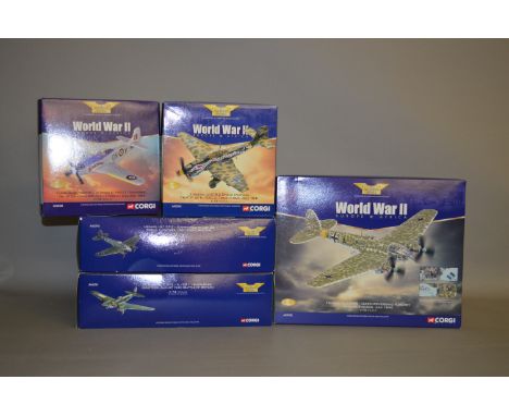 Five Corgi Aviation Archive World War II Europe & Africa diecast model aircraft: AA33701; AA33702; AA33703; 32206; 32502. Box