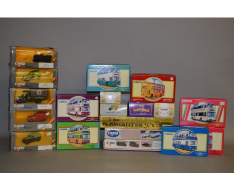 Two trays of, mostly boxed, Corgi diecast models, including vans, trucks,, buses and coaches. Generally models appear G/G+ in