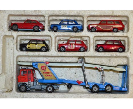 A Corgi Gift Set 41 Carrimore Car Transporter with  Ford tilt Cab and six cars in polystyrene tray, missing the outer card bo